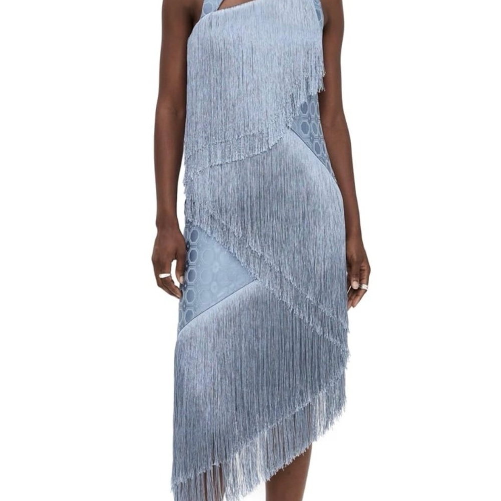 Alexis Powder Blue Fringe Asymmetric Midi Dress